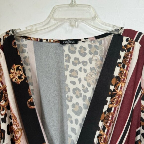 BOOHOO Faux Wrap Chain Mixed Print Dress Midi Lightweight V Neck Belt Plus Sz 20 - Picture 8 of 16